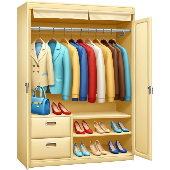 Glossy cream PVC closet with realastic cloth and shoes with bags emoji
