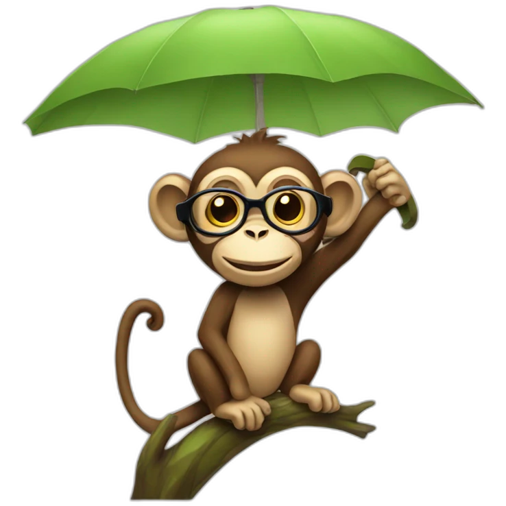 Monkey with glasses and umbrella on tree emoji