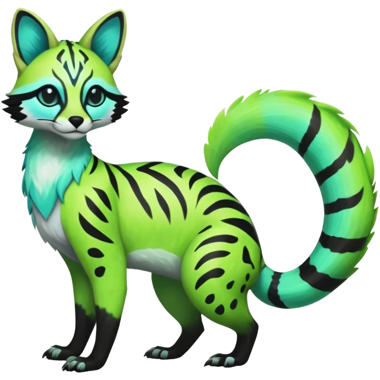 Rare realistic iridescent neon lime-green & cyan white black lush tropical exotic edgy epic pretty beautiful handsome gorgeous aesthetic colorful vibrant Vernid-Protogen-Primagen-Genet-Trico-species-Fakemon-hybrid-creature by LiLaiRa, beautiful intricate markings, full body emoji
