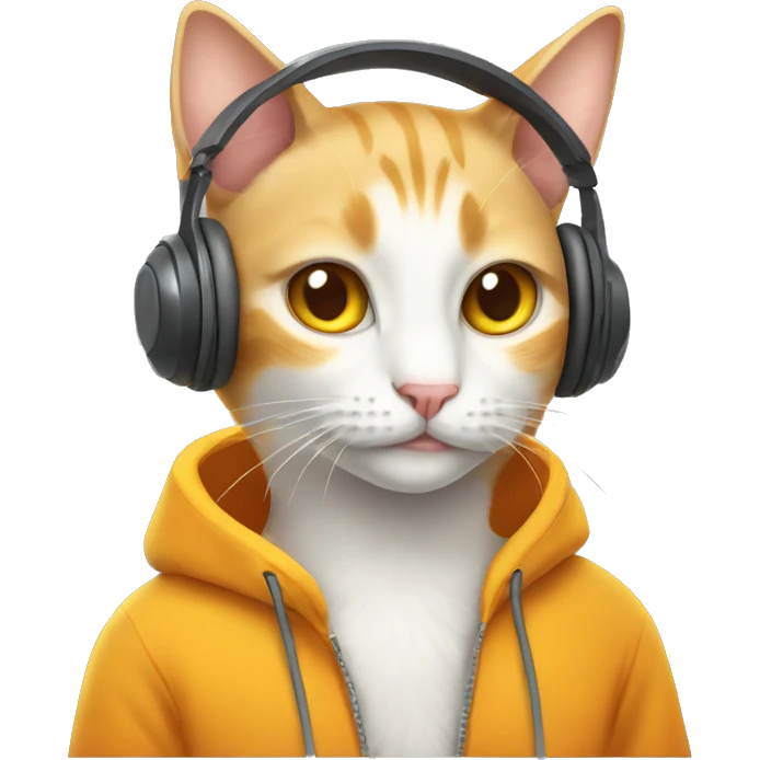 White and orange cat wearing a headphones and yellow sweater emoji
