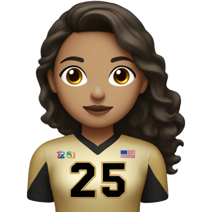 Brunette haired girl with a black and gold jersey with the number 25 emoji