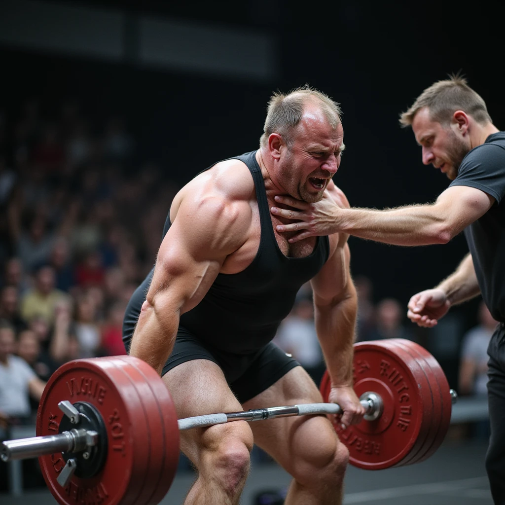 European powerlifter during deadlift, suddenly bending with hand on back, intense pain expression, coach rushing to help, emergency atmosphere, realistic details, competition background. emoji