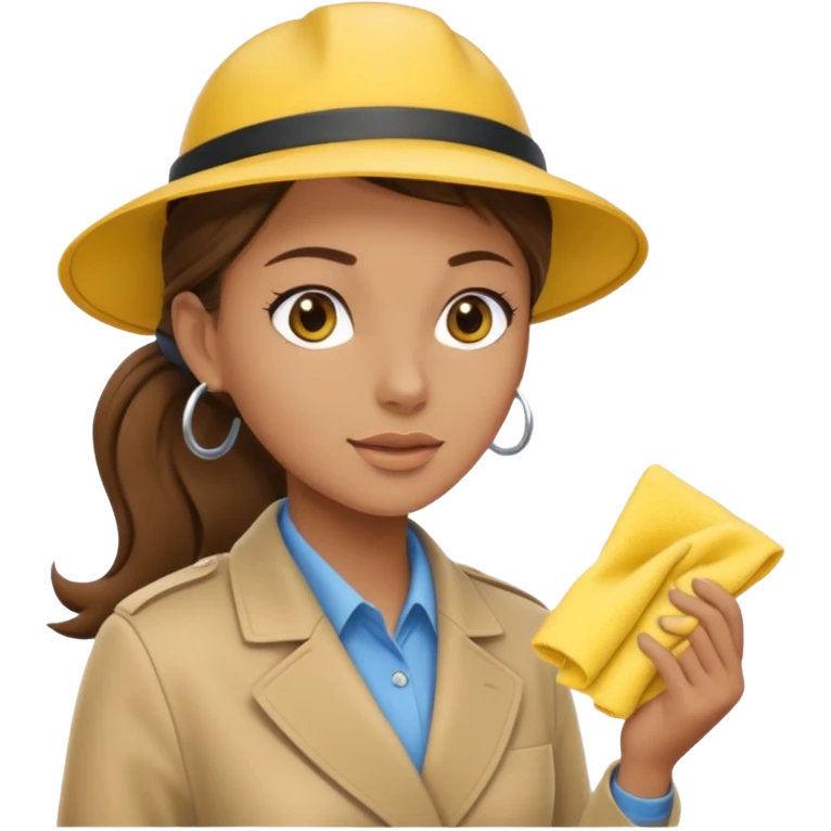 A cleaning Lady with Brown hair, high ponytail and yellow cleaning gloths is Talking to a Detektive with beige had, a beige coap and he is interviewing the cleaning Lady emoji