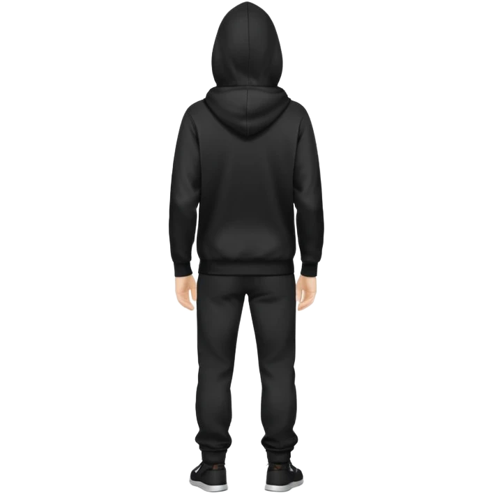 fullbody Mysterious shy caucasian man in black hoodie on head, hands in pockets and black pants rear backview emoji