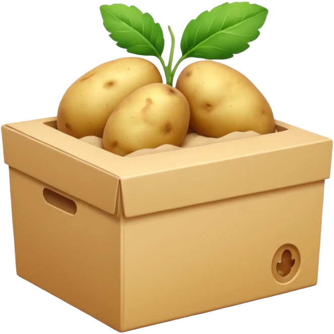 box of potato starch, small, beige or pale yellow, clean edges, potato or sliced potato with green leaves, 'POTATO STARCH' in warm color, smooth glossy, minimal, clean 3D, soft lighting, transparent background, emoji scale emoji
