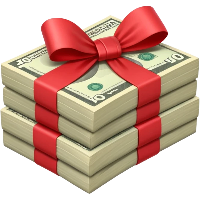 Australian $100 notes stacked together and wrapped in a bow emoji
