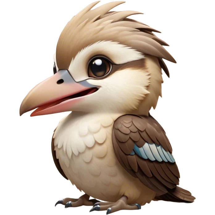 Cinematic Cute Yawning Kookaburra Portrait Emoji, Head tilted slightly with a dramatic, wide-open yawn, showcasing a soft, downy brown plumage with gently drooping wings and a relaxed beak, round eyes barely open in drowsy contentment, Simplified yet irresistibly adorable features, highly detailed, glowing with a soft, cozy glow, high shine, relaxed yet expressive, stylized with a touch of bushland charm, bright and endearing, soft glowing outline, capturing the essence of a sleepy yet affectionate kookaburra, so drowsy it feels like it could flutter out of the screen and curl up for a nap! emoji