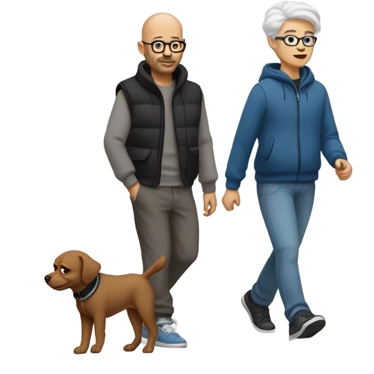 Bald man with glasses, wearing gray sweatpants and a black T-shirt and a blue puffy vest walking a small brown dog emoji