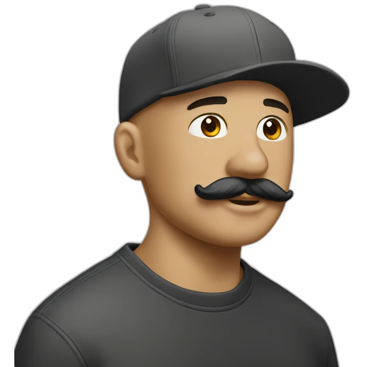 shaved head in five-panel cap with bristle and mustache emoji
