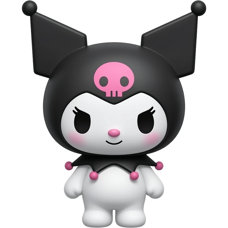 Recreate this Kuromi-style 3D chibi character, keep the same pose and design, change the main color to black (hood black, skull dark gray/black, keep pink accents or make them dark pink), smooth glossy 3D style, centered, no background, high resolution. emoji