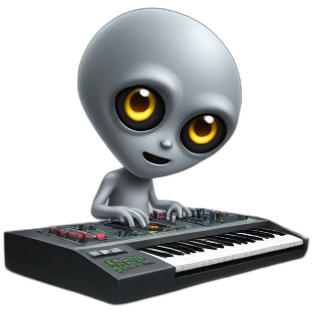A Classic emoji of grey Big eyed Alien playing an AKAI MPC XL emoji