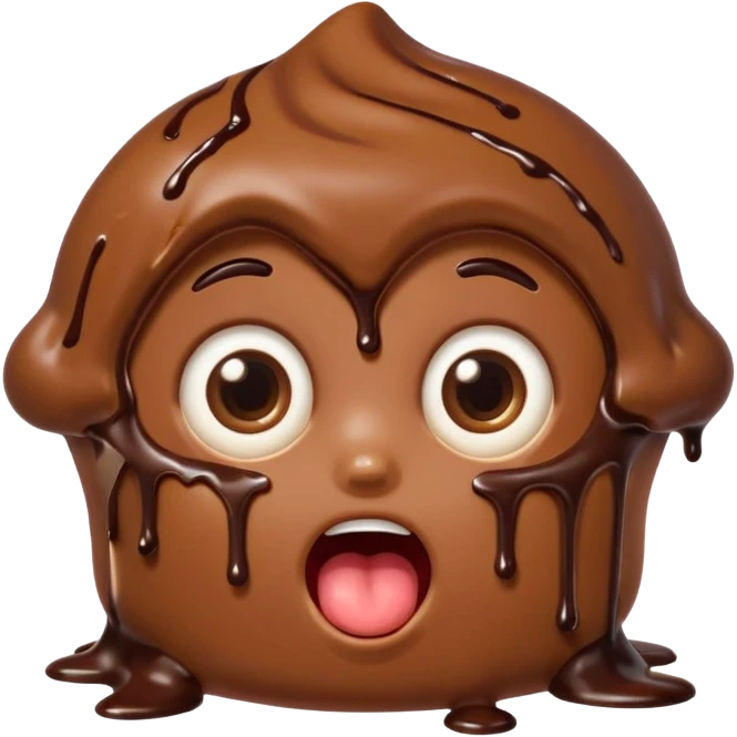 Funny cartoon chocolate mini pastry, wide shocked eyes, messy chocolate dripping, open mouth, chibi style, Twitch emoji style, transparent background, colorful
 emoji