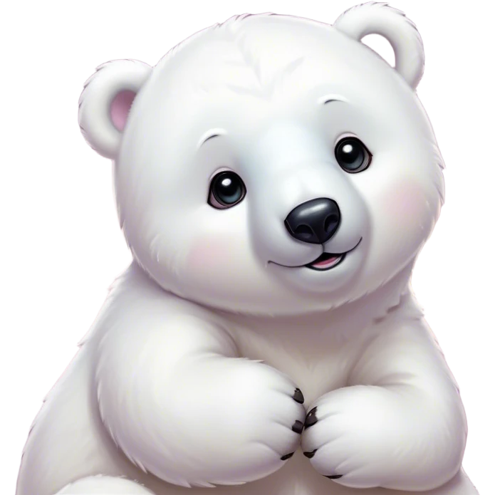 Cinematic Cute Polar Bear Portrait Emoji, Head tilted playfully and inquisitively, with a glossy, plush coat accented by a gentle, blushing muzzle and round, sparkling eyes, Simplified yet irresistibly adorable features, highly detailed, glowing with a warm, friendly polar glow, high shine, affectionate and lively, stylized with a touch of endearing charm, soft glowing outline, capturing the essence of a mischievous yet loving polar cub that feels like it could tumble out of the screen into your arms! emoji