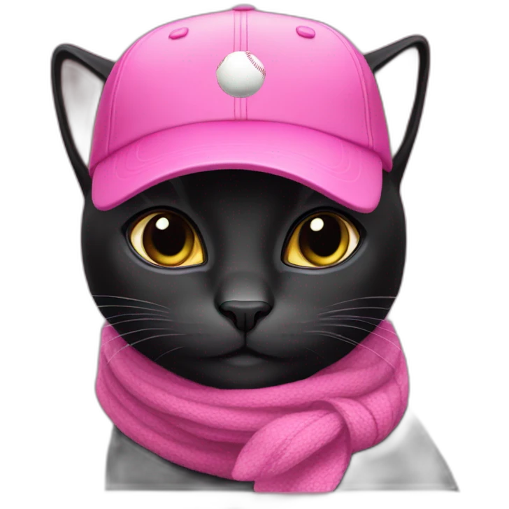 black cat with pink baseball cap and scarf emoji