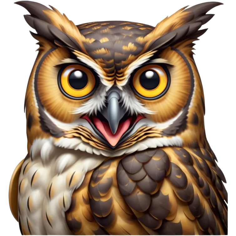 Cinematic Comical Great Horned Owl Portrait Emoji, Head tilted dramatically with an exaggeratedly amused expression, featuring a strikingly patterned mottled plumage with bold contrasts, wide, expressive golden eyes filled with playful disbelief, Simplified yet hilariously expressive features, highly detailed, glowing with a slightly sassy glow, high shine, dramatic yet playful, stylized with an air of cheeky nocturnal mischief, bright and endearing, soft glowing outline, capturing the essence of a spirited and over-the-top owl, so meme-worthy it feels like it could hoot its way into internet fame instantly! emoji