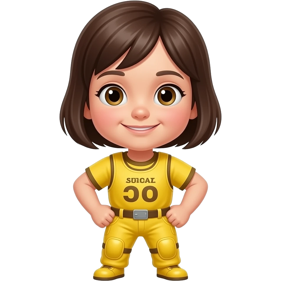 child girl in yellow pads with arms slightly bent, slight smile

 emoji
