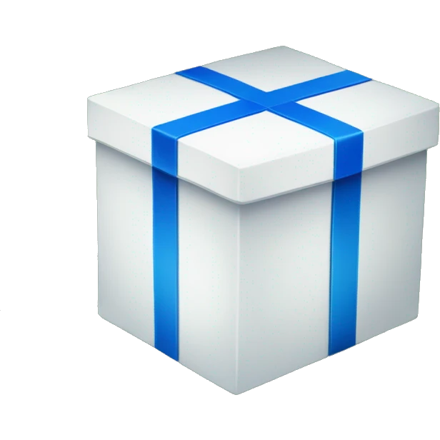 "white box with blue illustrations and bold 'B' logo in the middle, placed beside a vibrant green Christmas tree. emoji