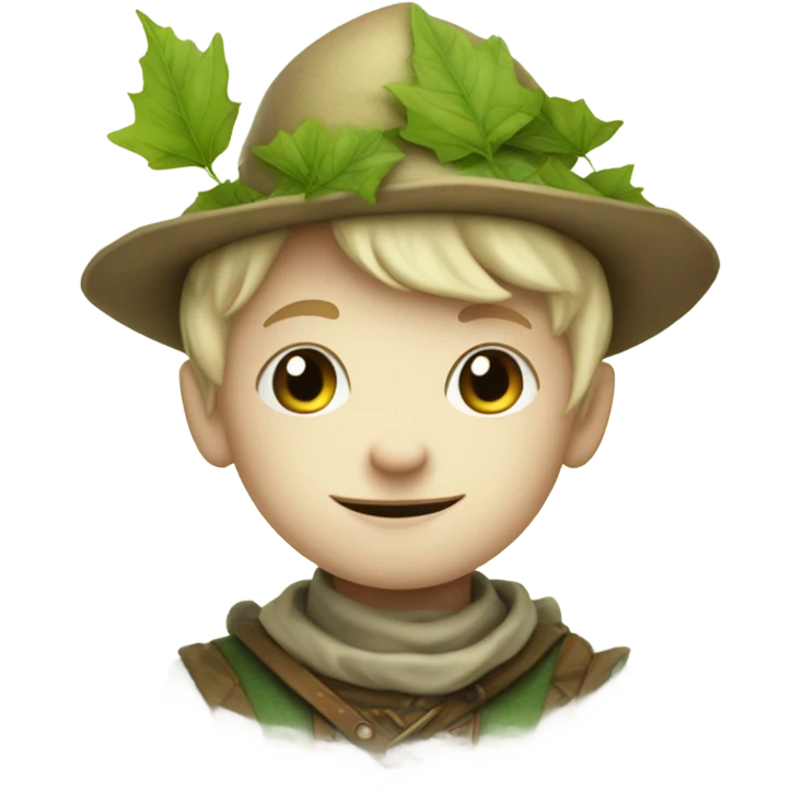 whimsical fairytale medieval pale boy who is tiny and wearing a leaf hat and big boots emoji