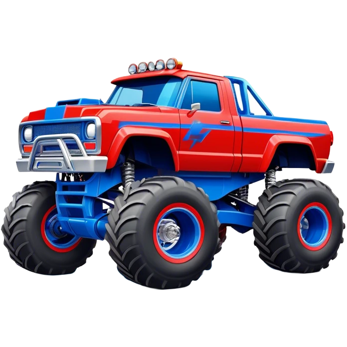 Avenger - Monster Jam (Model Year: 2021) (Iconic colour: Blue and red) - A dynamic monster truck with a split-color scheme: predominantly blue accented by bold red elements. Focus on strong, angular lines and vivid contrasting colors that evoke high energy and a futuristic, rebellious style. emoji