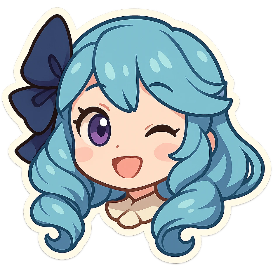 Gwen from League of Legends, happy expression, head only, right eye is purple, chibi style emoji