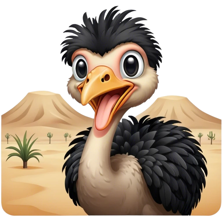 An adult ostrich standing in the desert, with black feathers. Mouth open. emoji