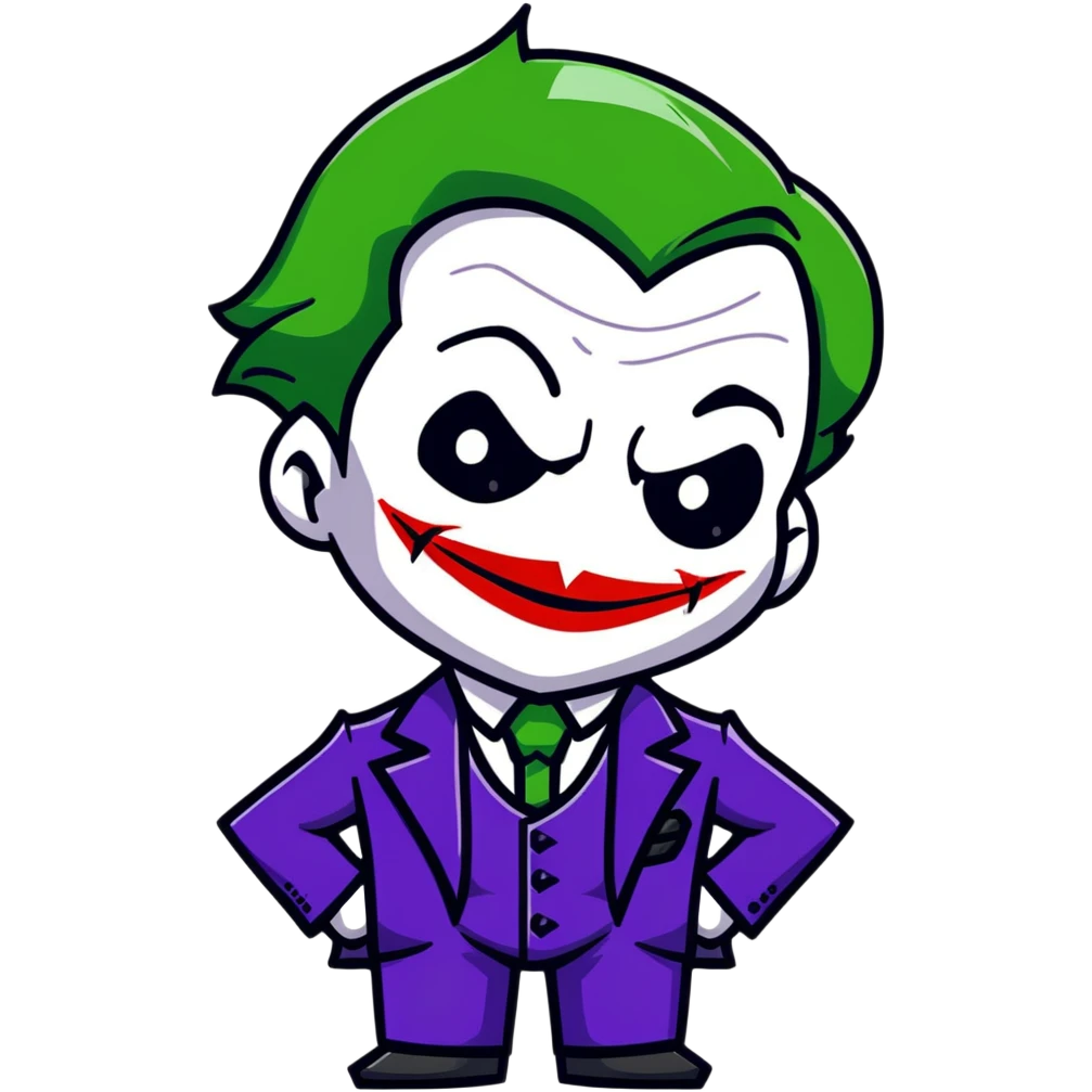 The Joker villain full body with green hair, purple suit, white face, red lips, sinister smile emoji