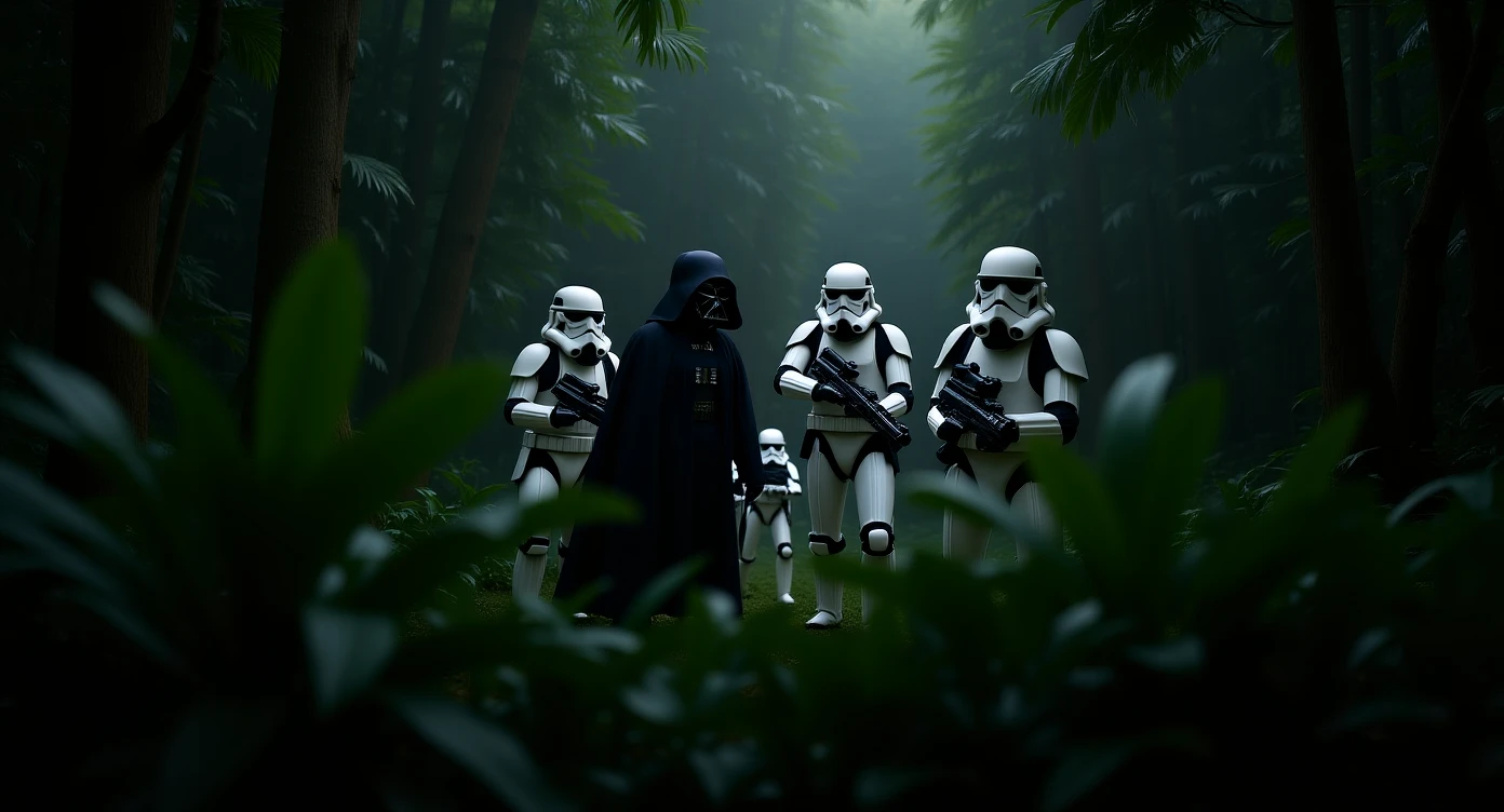 cinematic still, Closeup shot, amazon jungle,  blurred plants in the foreground (frame within a frame), Darth Vader around stormtroopers coming out from starship on ground, they are exploring the jungle, inspired by StarWars movie, captured by arri alexa emoji