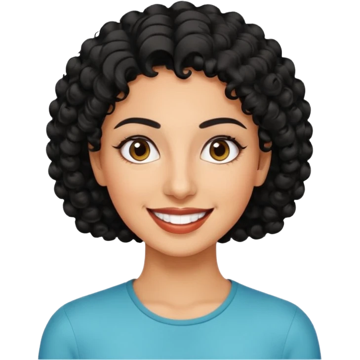 30 year old iranian woman very short curly black hair, big brown eyes, tanned skin, big smile, white teeth, pretty, stylish, shorter hair, boy cut hair emoji