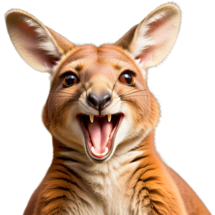 Cinematic Cute Yawning Kangaroo Portrait Emoji, Head tilted slightly with a dramatic, wide-open yawn, showcasing a soft, downy red-orange fur with gently drooping ears and round amber eyes barely open in drowsy contentment, Simplified yet irresistibly adorable features, highly detailed, glowing with a soft, cozy glow, high shine, relaxed yet expressive, stylized with a touch of outback charm, bright and endearing, soft glowing outline, capturing the essence of a sleepy yet affectionate kangaroo, so drowsy it feels like it could stretch out of the screen and curl up for a nap! emoji