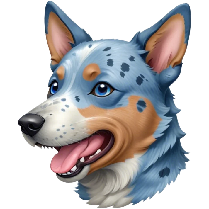 Cinematic Cute Yawning Blue Speckle Australian Cattle Dog Portrait Emoji, Head tilted slightly with a dramatic, wide-open yawn, showcasing a sleek blue speckle Fur with distinct markings, floppy ears slightly drooping, round blue eyes barely open in drowsy contentment, Simplified yet irresistibly adorable features, highly detailed, glowing with a soft, cozy glow, high shine, relaxed yet expressive, stylized with a touch of whimsy, bright and endearing, soft glowing outline, capturing the essence of a sleepy yet affectionate herder, so drowsy it feels like it could stretch out of the screen and curl up for a nap! emoji
