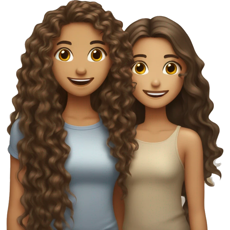 One curly long hair brunette girl with tan skin kissing a long straight hair brunette girl with lighter skin happy   emoji