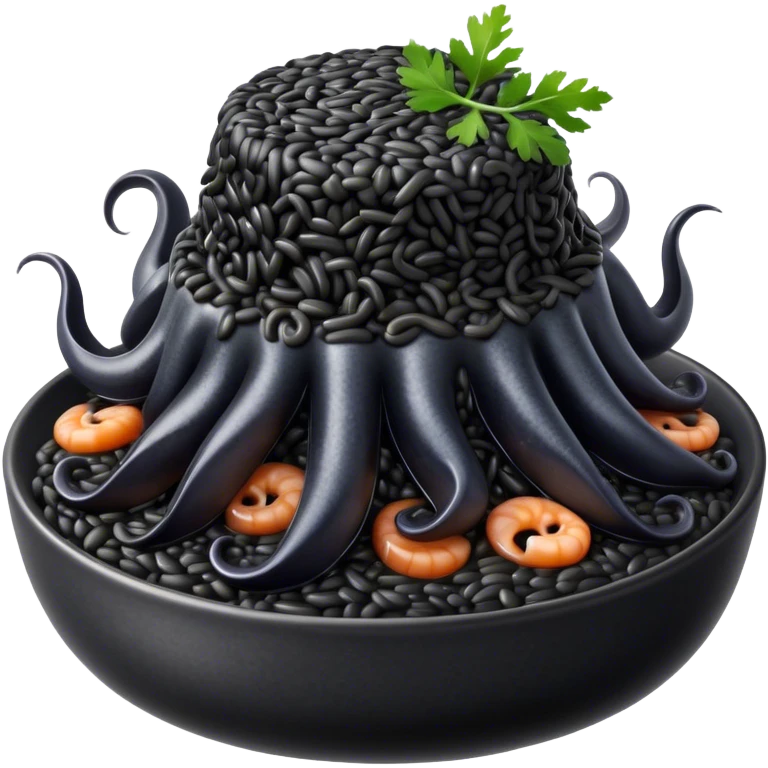 Cinematic Realistic Black Risotto Dish Emoji, showcasing a rich squid ink-infused risotto rendered with bold textures and dynamic, dramatic lighting. emoji