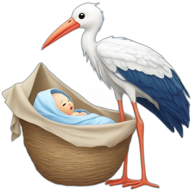 White stork carrying a blue bundle of cloth in its beak that has a human person cute baby with and the human baby head is peeking from the fabric bundle the strok is carrying with its beak emoji