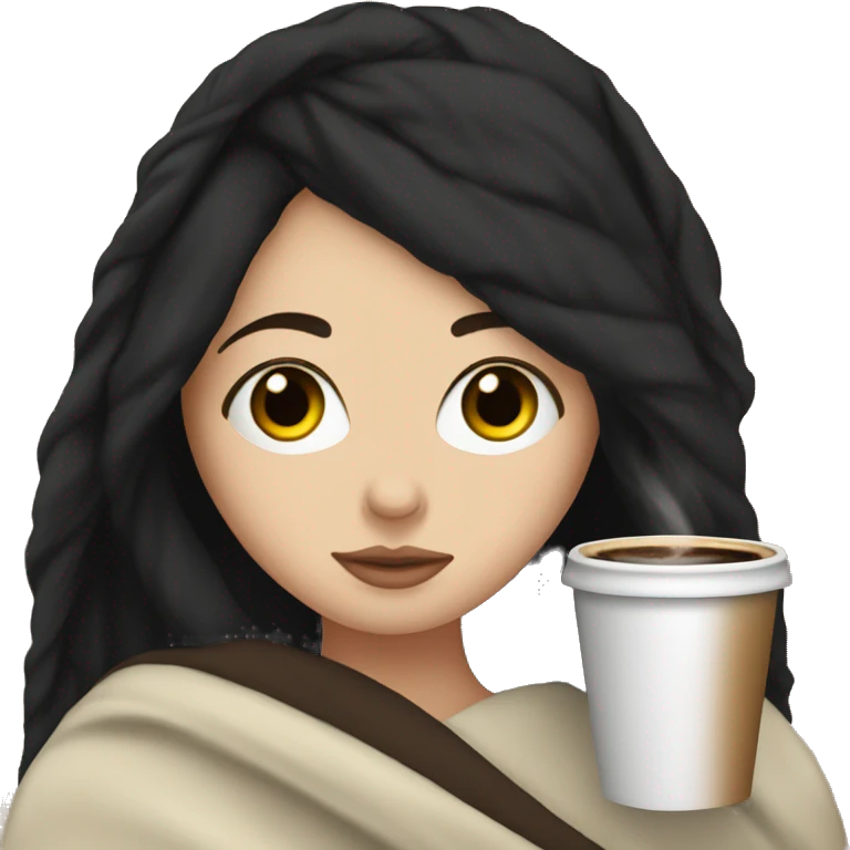 a white girl black hair wrapped on a blanket drinking coffee emoji