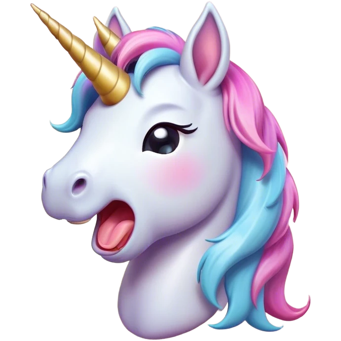 Cinematic Cute Yawning Unicorn Pony Portrait Emoji, Head tilted slightly with a dramatic, wide-open yawn, showcasing a petite, softly glowing form with a gently drooping mane, a subtle, shimmering horn and sleepy, half-closed eyes, Simplified yet irresistibly adorable features, highly detailed, glowing with a soft, cozy pastel glow, high shine, relaxed yet expressive, stylized with a dash of whimsical enchantment, soft glowing outline, capturing the essence of a drowsy yet affectionate unicorn pony that appears ready to stretch and yawn its way off the screen! emoji