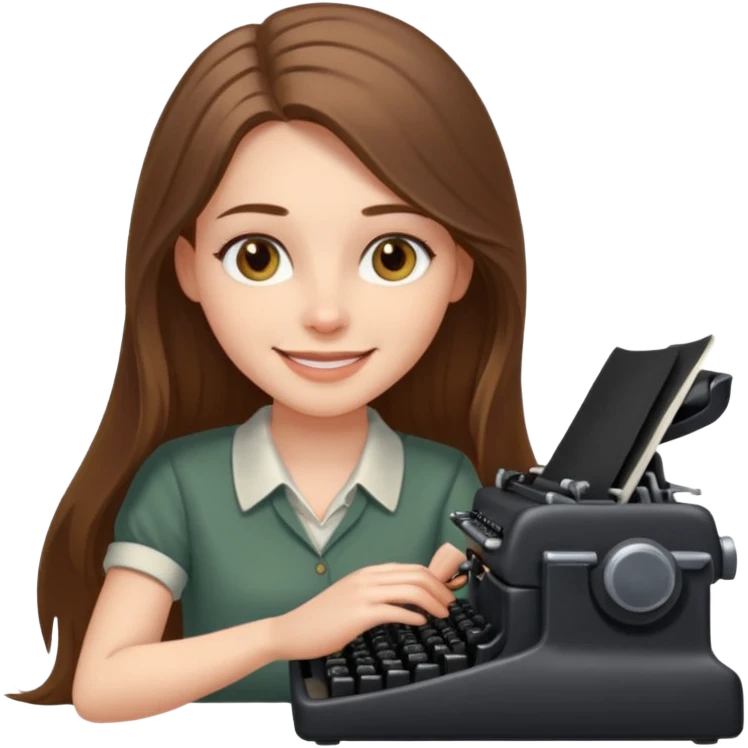 smiling white long brunette hair girl with hazel eyes laying typing on a typewriter emoji