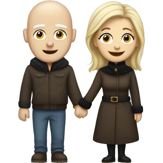 White bald man with black eyebrows holding hands with long blond woman in winter clothes emoji