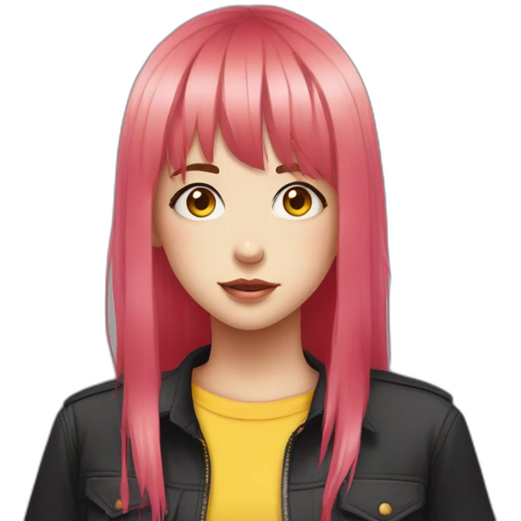 (gril) makima from the manga chainsawman with pink/red hair fringe, yellow eyes with a circle inside and a black shirt emoji