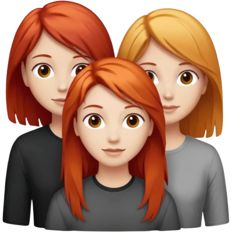 Can you create an image of 3 friends together one with red bright hair light skin one the other with brown hair with some blonde highlights in the hair fair skin the last one with light brown a tint of orange hair and black long hair with brown  emoji