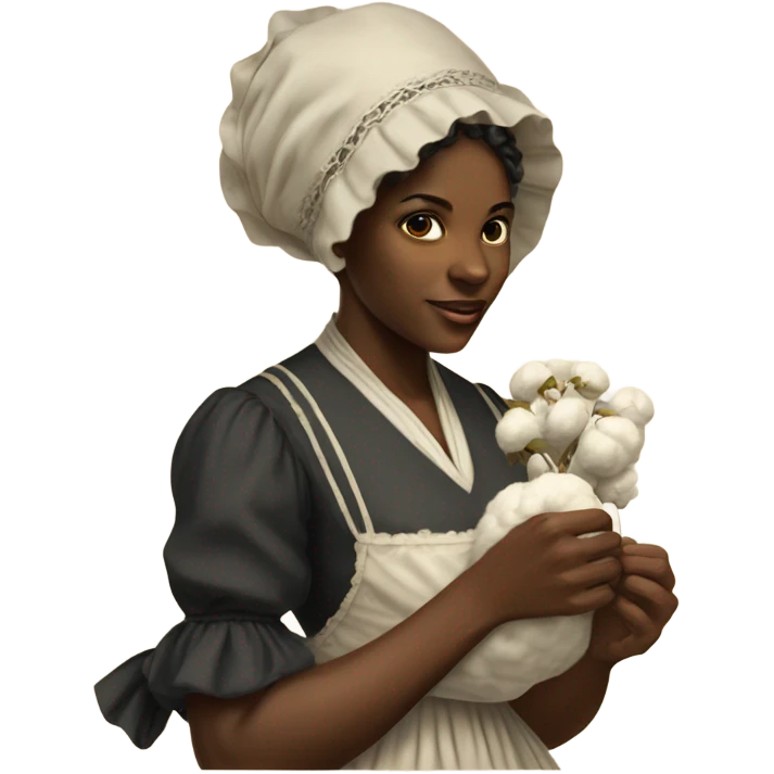 Black woman in 1800s bonnet and dress picking cotton emoji
