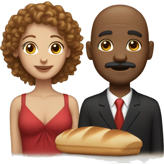 Light skin girl with curly brown hair with red at the bottom and a black bald man with a bread and mustache emoji
