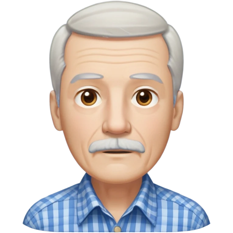 Thin elderly man with light skin. Elongated face with kind expression. Light brown eyes. Thin eyebrows. White goatee and white mustache. Fine straight gray-white hair with bangs, hair is long and goes past his ears. Slim build. Wearing a blue and beige checkered button-up shirt. emoji