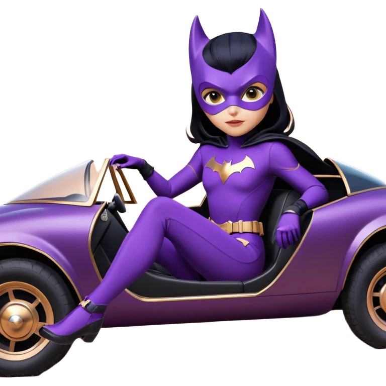  proportionally correct, real-appearance racing BatGirl’s feminine midnight-purple tight outfit sixty’s tv show 2032 stealth retro cat burglar sporty petite off-road pursuit hovering black hover cruiser car rose gold accents (black hair,reclined and relaxed seating position and attitude) Dakar emoji