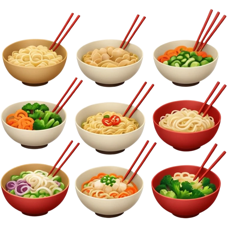 different bowls of Chinese noodles, chopsticks, vegetables emoji
