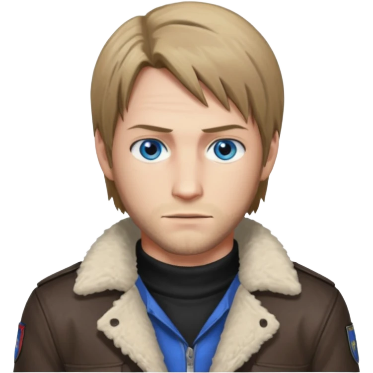 Leon Kennedy from resident evil 4 remake in sheepskin coat and black t-shirt blue eyes emoji