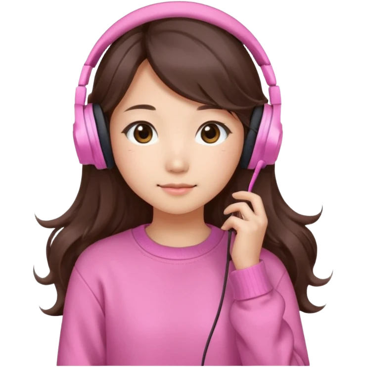 a asian japanese girl with wavy long silky brown hair and no bangs. the right side of hair is set on her shoulder she has a cute pink gaming headphones. she is wearing a cute pink sweater  emoji