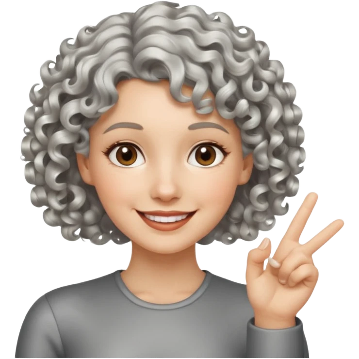 silver, short, wavy-haired with curls, smiling pretty lady, hopeful,  2 fingers up


 emoji