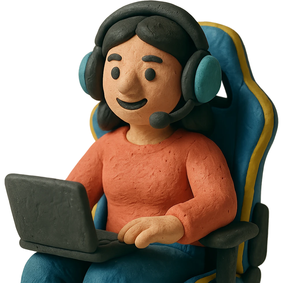 female streamer with headphones and a gaming chair, claymation style emoji