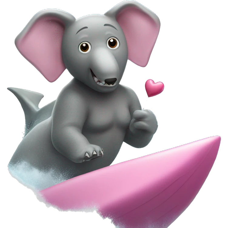 Show me a bear holding a pink heart riding an elephant surfing on top of a shark in the ocean emoji