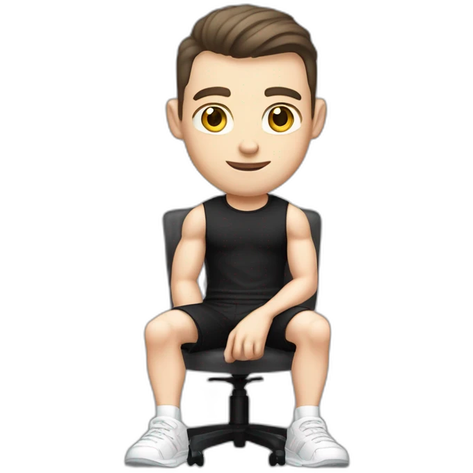Pale skinned Fit Man With the biceps and dark brown hair in black shirt, gray sports shorts and white Sneakers Sitting on a chair emoji